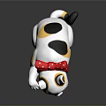 White Maneki Neko Figurine With Black Spots Red Polka Dot Bow And Raised Paw