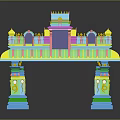 Ornate Colorful Hindu Style Gateway in Landscape with Decorative Top Multicolored Pillars and Reflection
