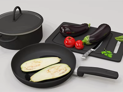 Whole And Sliced Eggplant With Tomatoes Parsley In Frying Pan On Cutting Board And Knife 3d model