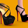 Black High Heels With Red Heels On Yellow Background One Foot Wearing The Other Beside