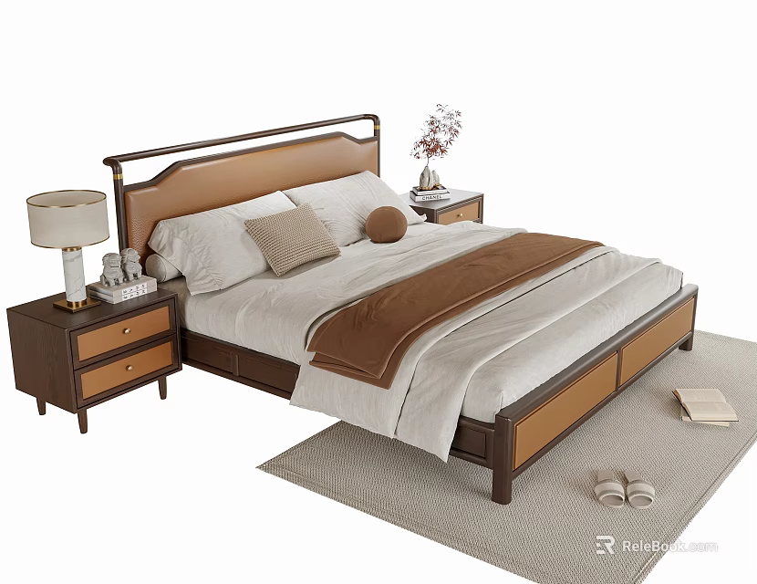 Modern Double Bed Setup With Nightstands Table Lamp Vase Rug And Slippers 3d model