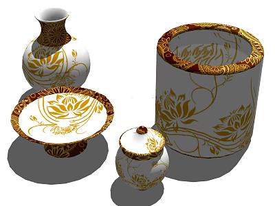 Elegant White Tableware Set Featuring Vase Plate Container Lidded Jar And Golden Lotus Patterns 3d model