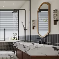 Modern Bathroom Interior Design With Black And White Mosaic Floor Bathtub And Marble Vanity