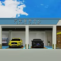 Industrial Automotive Service Workshop With Shell Logo Two Cars And Repair Bays