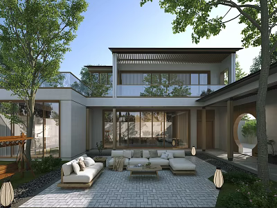 Modern Single Family Villa Courtyard Design With Outdoor Sofa Glass Windows And Trees 3d model