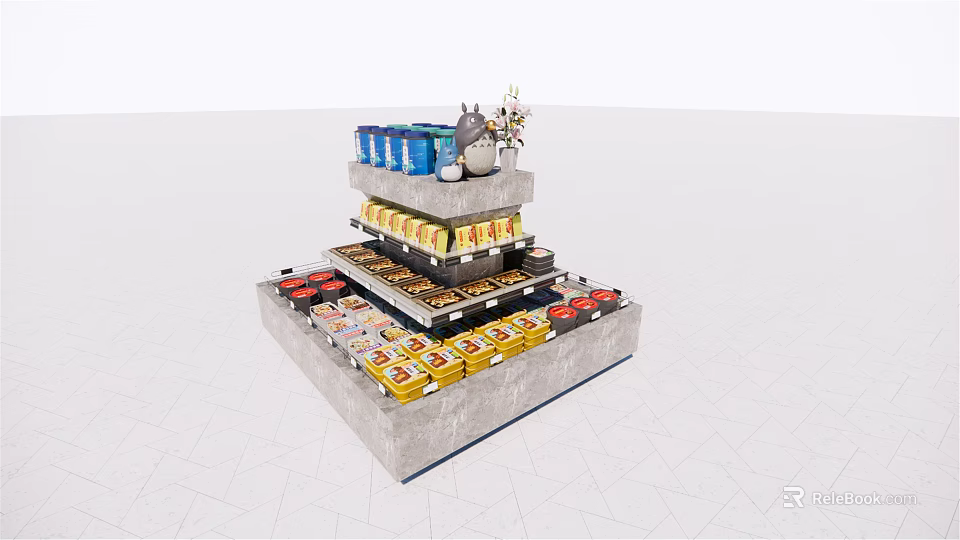 Multi tiered Display Shelves Showcasing Stacked Beverage Cans And Snack Packages 3d model