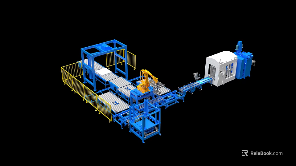 Industrial Equipment Production Line With Robotic Arm Conveyor Belt And Safety Railings 3d model 