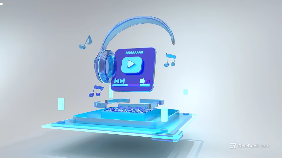 3D Rendered Digital Headphones With Play Button And Music Notes On Floating Platform 3d model 