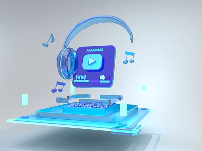 3D Rendered Digital Headphones With Play Button And Music Notes On Floating Platform 3d model