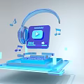 3D Rendered Digital Headphones With Play Button And Music Notes On Floating Platform