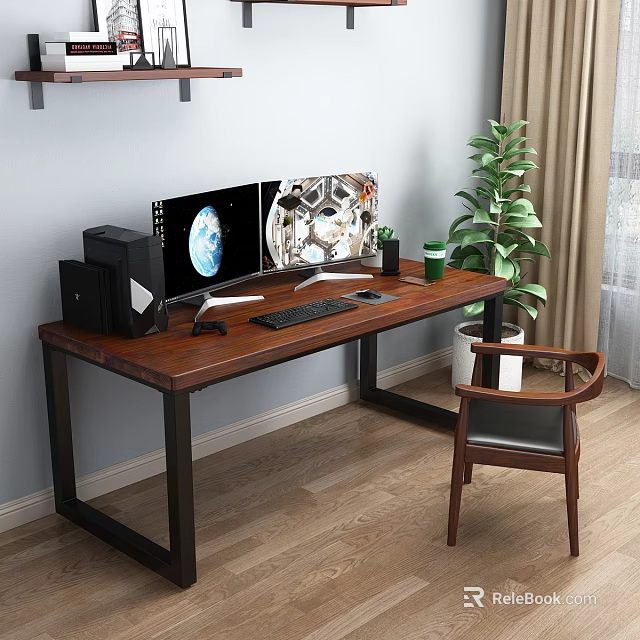 Wooden Desk with Black Metal Frame Dual Monitors Setup Green Plant and Chair Near Window 3d model 
