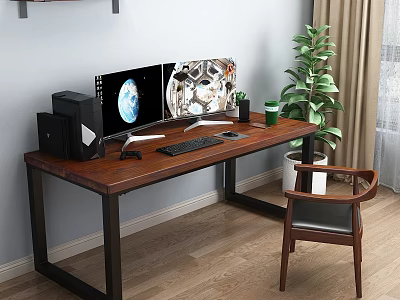 Wooden Desk with Black Metal Frame Dual Monitors Setup Green Plant and Chair Near Window 3d model