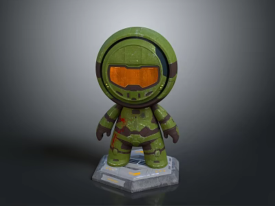 Green Character Model With Orange Visor And Green Armor On Base Stand 3d model