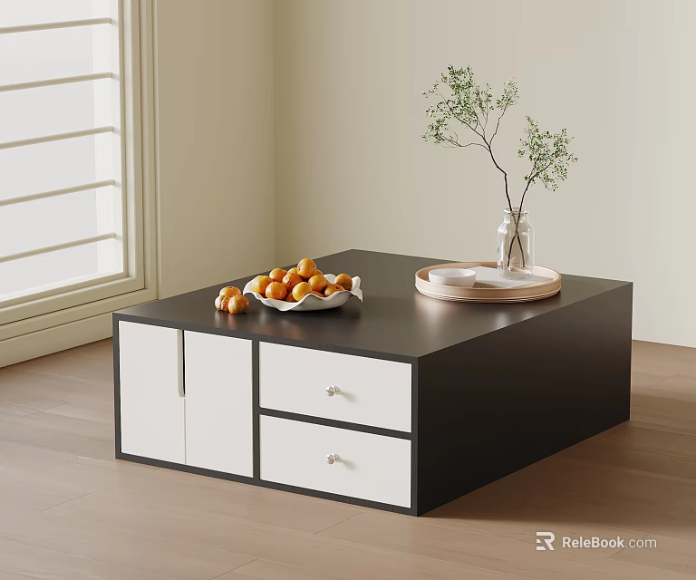 Black Coffee Table with White Drawers Cabinets Oranges Green Plant and Tray 3d model 