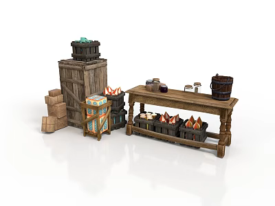 Rustic Medieval Building Interior With Wooden Crates Barrels Decorative Cabinet And Flame Tables 3d model