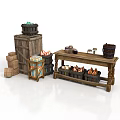 Rustic Medieval Building Interior With Wooden Crates Barrels Decorative Cabinet And Flame Tables