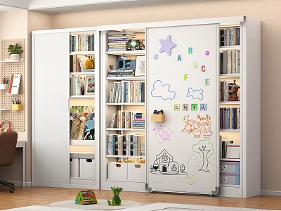 White Kids Bookshelf with Blackboard Door Colorful Letters Star Cloud Drawings Toys and Books 3d model
