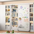 White Kids Bookshelf with Blackboard Door Colorful Letters Star Cloud Drawings Toys and Books