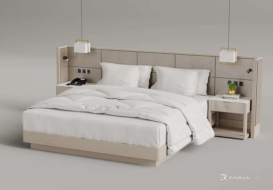 Modern Bedroom With Beige Headboard White Bedding Bedside Tables And Pendant Lights 3d model 