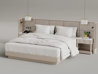Modern Bedroom With Beige Headboard White Bedding Bedside Tables And Pendant Lights 3d model