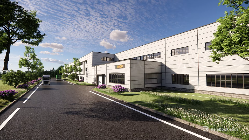 Modern Industrial Factory Exterior With White Facade Large Windows And Greenery 3d model 
