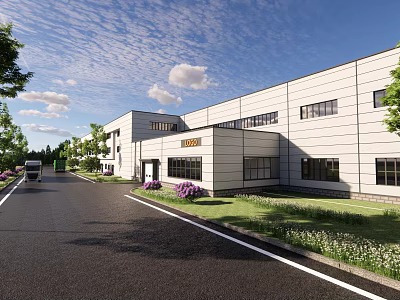 Modern Industrial Factory Exterior With White Facade Large Windows And Greenery 3d model