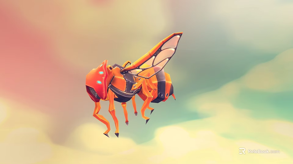 Orange Mechanical Insect Character With Glowing Eyes And Transparent Winged Design 3d model 