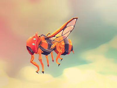 Orange Mechanical Insect Character With Glowing Eyes And Transparent Winged Design 3d model