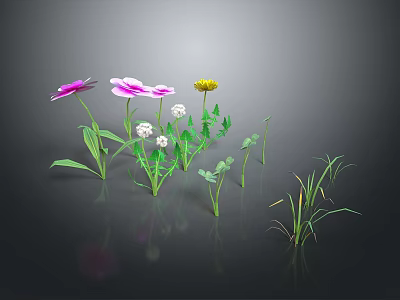 Vibrant Garden Plants With Pink Purple Yellow Flowers Green Leaves And Grass 3d model