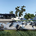 Modern Homestay Building With Black Sloped Roof Large Glass Windows And Trees Around Lawn