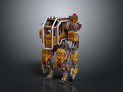 Yellow And Brown Mechanical Robot With Warning Stripes Red Top And Leg Design 3d model