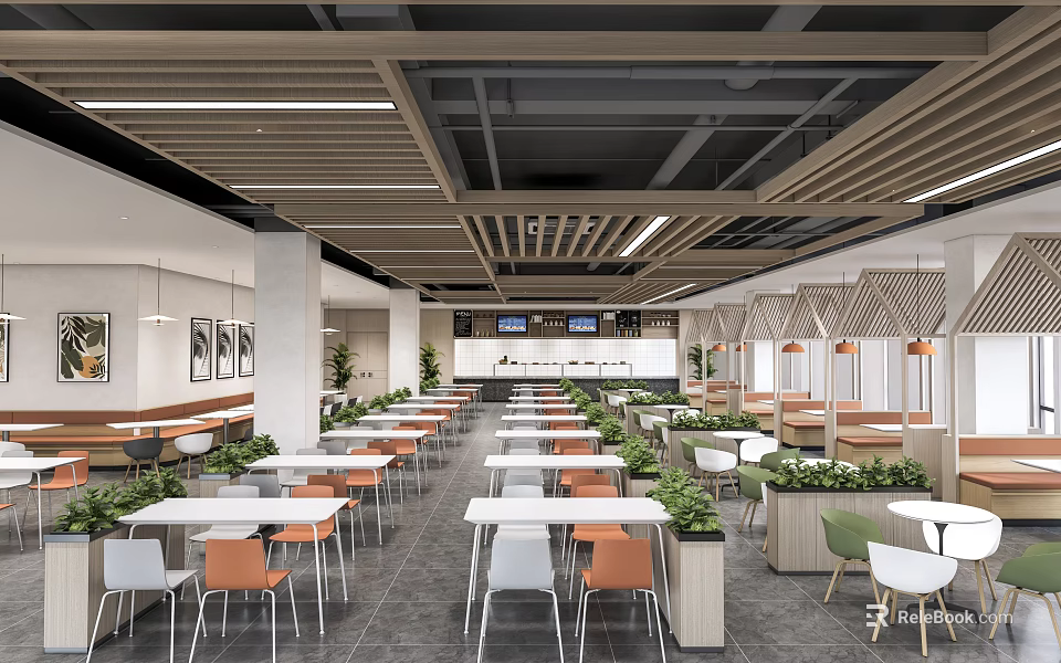Modern Restaurant Interior Design With Wooden Ceiling Tables Chairs And Green Plants 3d model 