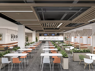 Modern Restaurant Interior Design With Wooden Ceiling Tables Chairs And Green Plants 3d model