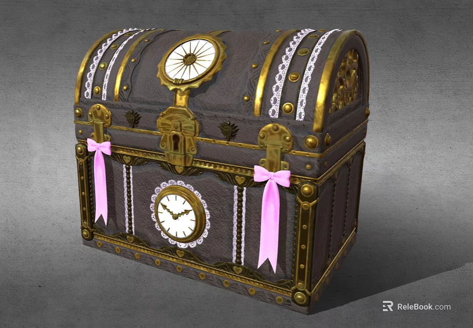 Ornate Dark Chest With Gold Accents Clocks And Pink Ribbons 3d model 