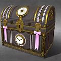 Ornate Dark Chest With Gold Accents Clocks And Pink Ribbons