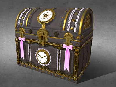 Ornate Dark Chest With Gold Accents Clocks And Pink Ribbons 3d model