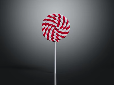 Red and White Swirl Lollipop on White Stick Against Dark Background 3d model