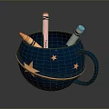 Blue Decorative Cup with Star Patterns and Gold Accents holding Colored Crayons