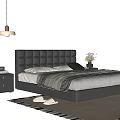 Modern Double Bed With Black Tufted Leather Headboard And Nightstands Flower Vase Pendant Light