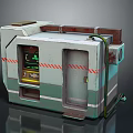 Industrial Small Building With White Green Exterior Warning Stripes Display Screen And Connected Hose