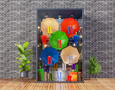 Vibrant Retail Window Display Featuring Colorful Umbrellas Rain Boots Bags And Green Plants On Brick Wall 3d model