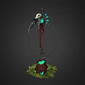 Decorative Weapon With Raven Skull Green Gemstone Pearls And Wooden Staff