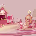 Festive Pink Christmas Cabin with Snowy Roof Reindeer and Star Decorations
