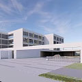 Modern School Building With White Gray Exterior Large Glass Windows Corridor And Lawn Area