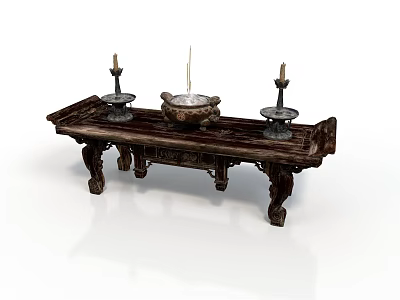Traditional Long Wooden Carved Table with Candle Holders and Incense Burner Classic Design 3d model