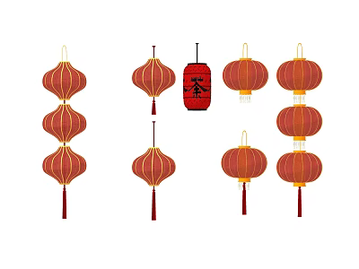 Multiple Traditional Chinese Red Lanterns With Fu Character For Festive Decorations 3d model