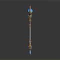 Ornate Golden Decorated Weapon With Blue Orb Top White Staff And Bottom Gem