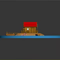 Cartoon Scene With Red Roof Cottage Sandy Beach Wooden Pier Boats Lifebuoys In Blue Water