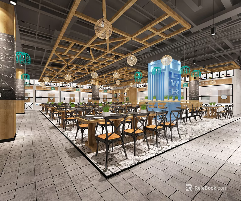 Modern Spacious Restaurant Interior With Wooden Ceiling Hanging Lights And Dining Tables 3d model 