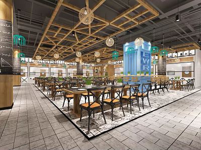 Modern Spacious Restaurant Interior With Wooden Ceiling Hanging Lights And Dining Tables 3d model